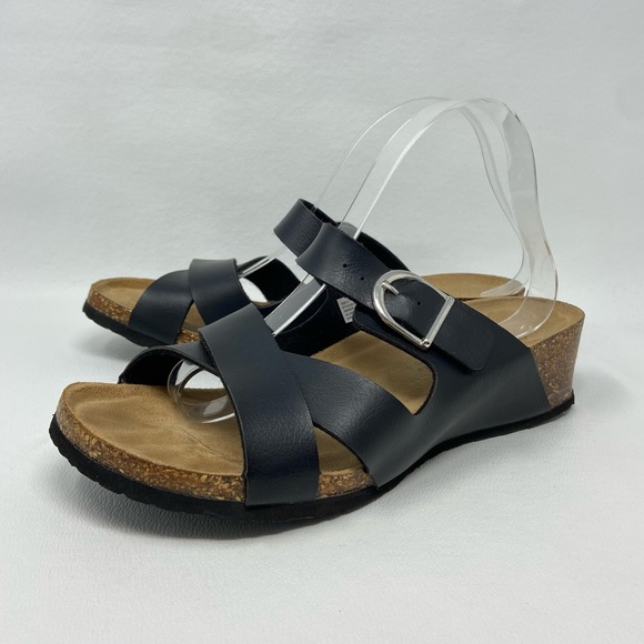 Natural Reflections Black Two Strap Open Toe Wedge Sandals - Picture 2 of 12